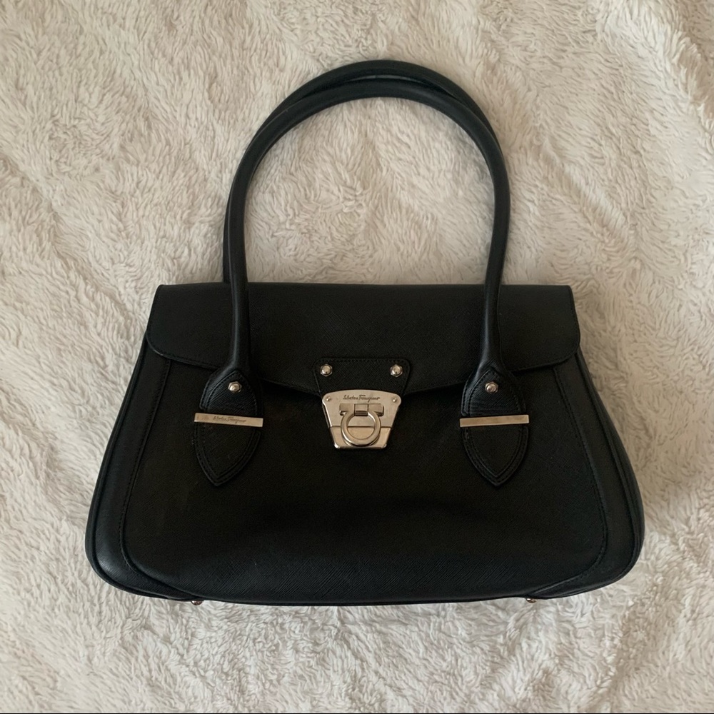 Salvatore Ferragamo Black Leather Gancini Closure Satchel Bag
